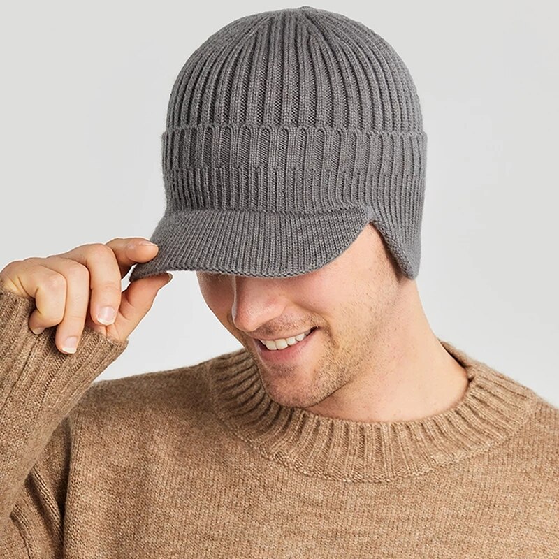 Outdoor Men Winter Knitted Ear Protection Cap Think Wool Beanies Bonnet Snapback Short Brim Hat Cycling Plush Keep Warm Hat