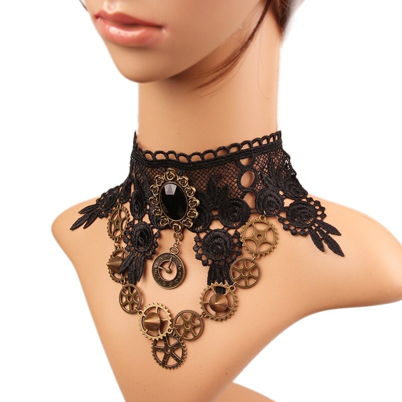 Choker Ketting Voor Steampunk Halloween Punk Kostuum Party Retro Gear Klok H8WF