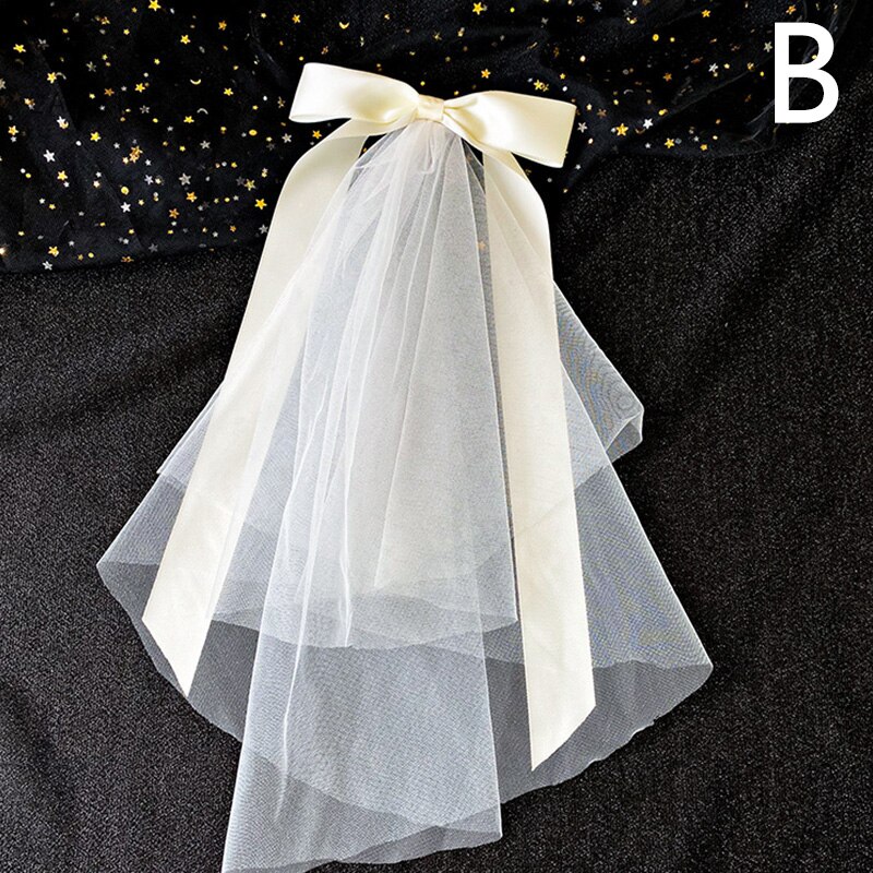 Vrouwen Korte Tule Bruidssluier Bruiloft Sluier Met Clip Boog-knoop Lint Rand Voor Bruid Bloem Meisje Wedding Party fotografie (Wit): B