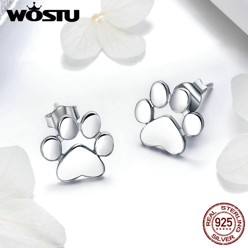 Wostu Real 925 Sterling Zilver Leuke Hond Voetafdrukken Tiny Stud Oorbellen Voor Vrouwen Party S925 Zilveren Sieraden CQE407