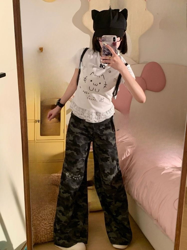Blonde patchwork japansk kawaii søde t-shirts sommer kvinder  y2k æstetisk tegneserie kat tryk t-shirt harajuku grunge fe toppe