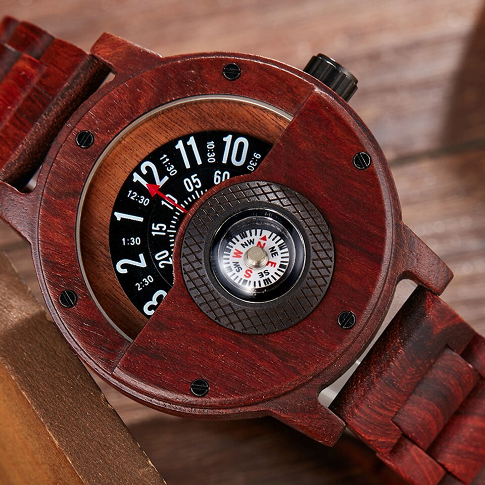 Creatieve Kompas Draaitafel Nummer Houten Horloge Mannen Volledige Hout Band Vintage Natuurlijke Hout Horloges Relogio relojes de madera
