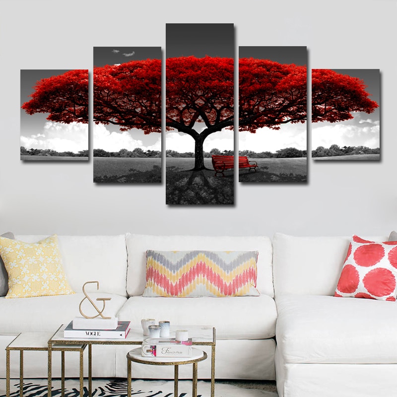 5 paneles de rojo abstracto pinturas al óleo de árboles impresos en lienzo, carteles e impresiones de paisaje, imágenes artísticas de pared para decoración del hogar sin marco