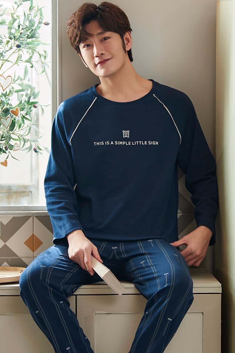 SONG Spring Autumn Men's Pajama Sets Long-sleeved Knitted Cotton Round Collar Handsome Simple Style Home Wear Pyjamas