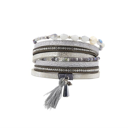 Armband PU Lederen Armbanden &amp; Armbanden Voor Vrouwen Pulseira Kristal Set Kralen Onregelmatige Parel Stof Kwastje Wrap Pols Band Grey: grey