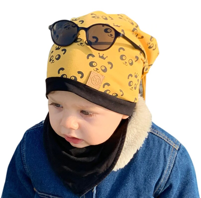 Babygiz Jongen Zwarte Mosterd Gekleurde Panda Gedrukt Dubbele Vouw Herfst Winter Lente Gebruik Gekamd Hoed Beanie Hals Kraag: mustard / XS