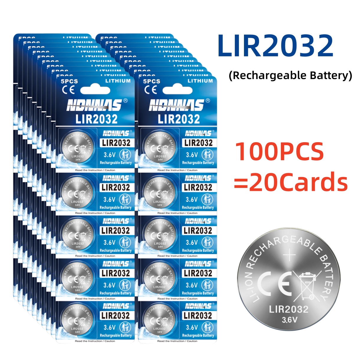 100 stück lir 2032h hochleistungs-lithium-knopfzellenbatterie lir 2032 3.6v knopfzellenbatterie