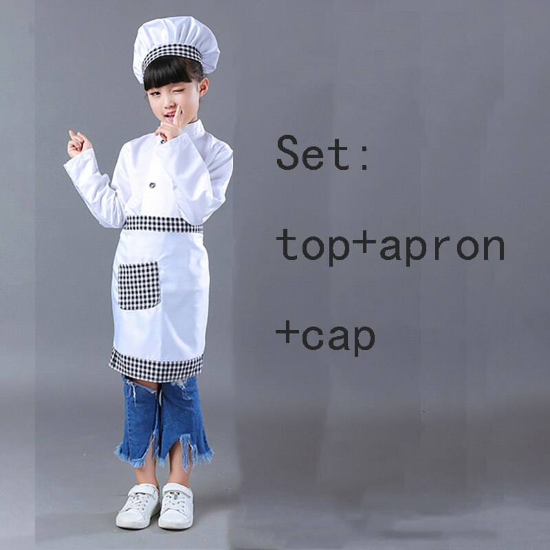 95-160cm Chef niños disfraces ropa de cocina bebé niña bebé cocina uniforme Cosplay disfraces delantal tapa superior para el arte de hornear: White full Set / Height 150CM