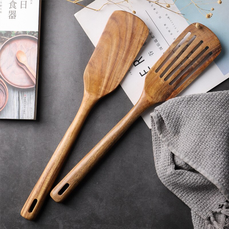 Teak Spatula Long Handle Solid Wood Leaky Spatula Acacia Wood Household Non-stick Frying Pan Spatula Kitchen Tools