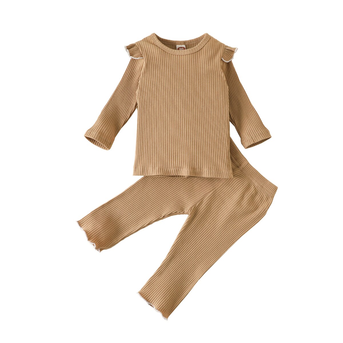 2Pcs Cotton Toddler Infant Girls Clothing Set Fall Ribbed Stripes Ruffle Long Sleeves Elastic Tops+Pants Kids Sleepwear: Brown / 4T
