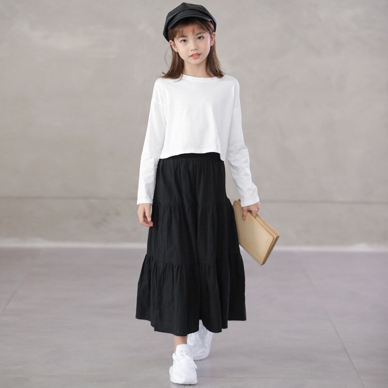 Faldas plisadas negras para chicas adolescentes, estilo Simple japonés, , trajes informales para niñas de 8, 10, 12, 13 y 14 años: 1 set tops skirts / 14