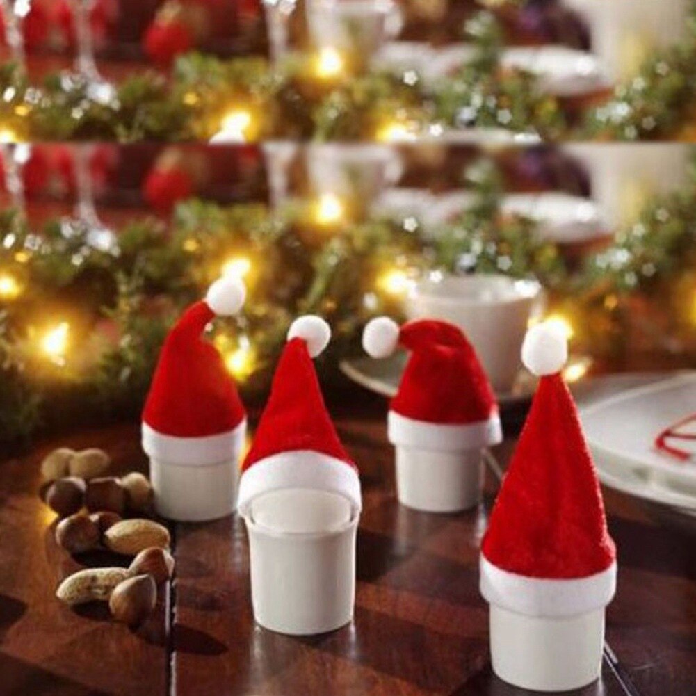10Pcs Christmas Santa Hoed Cup Hoed 11X7Cm Mini Kerstman Cover Christmas Kerst Wijnfles Cover decoratie