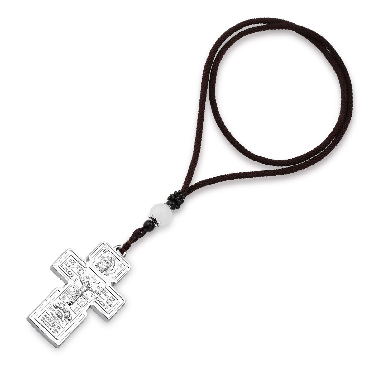 Orthodoxe Jezus Christus Kruis Hanger Kruisbeeld Pantocrator Christelijke Ketting Voor Mannen Gevlochten Touw Ketting Kerk Bid Sieraden: Silver Color