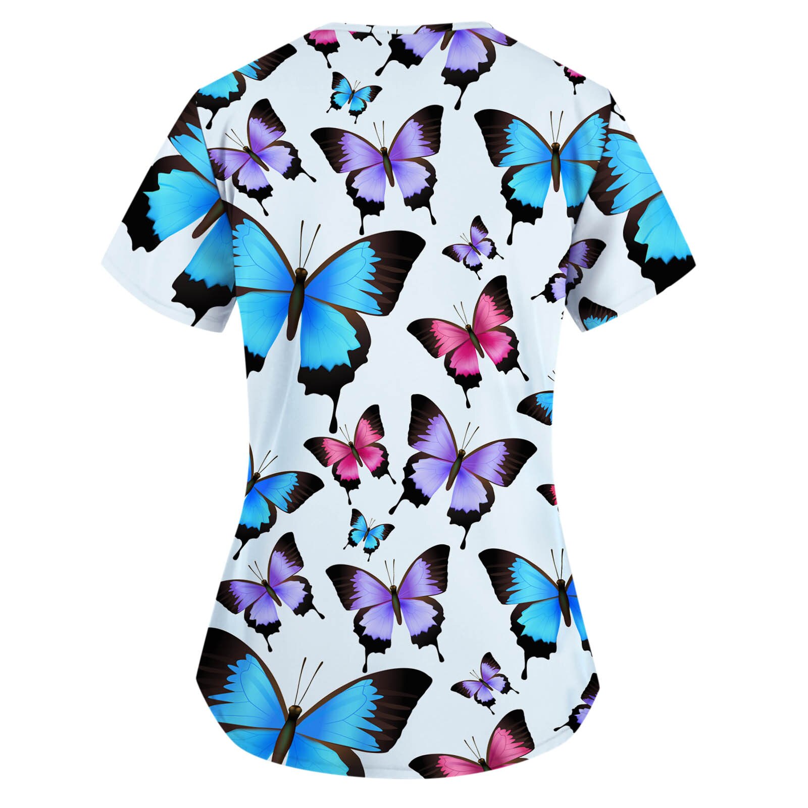 Women Short Sleeve V-neck Butterfly Print Tops Nursing Working Uniform T-shirts Blouse Scrubs Costume Медицинская Одежда J30