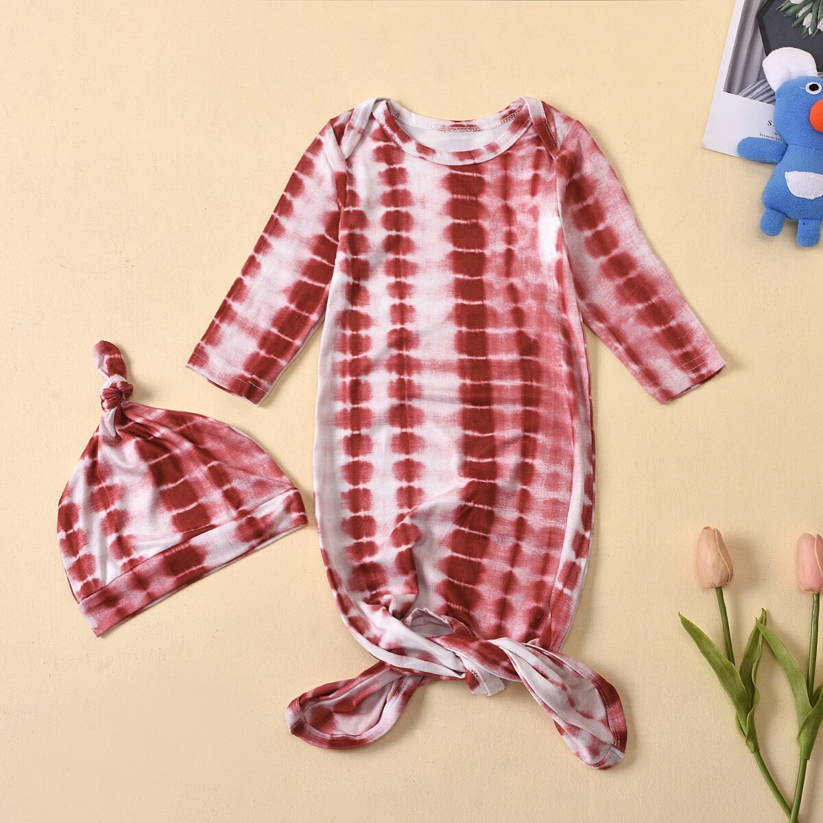 2 Stuks Baby Slaapzak Set Tie Dye Printing Ronde Kraag Lange-Mouwen Een Stuk Zak + Leuke Hoed Peuter Jongens Meisjes 0-6 Maanden