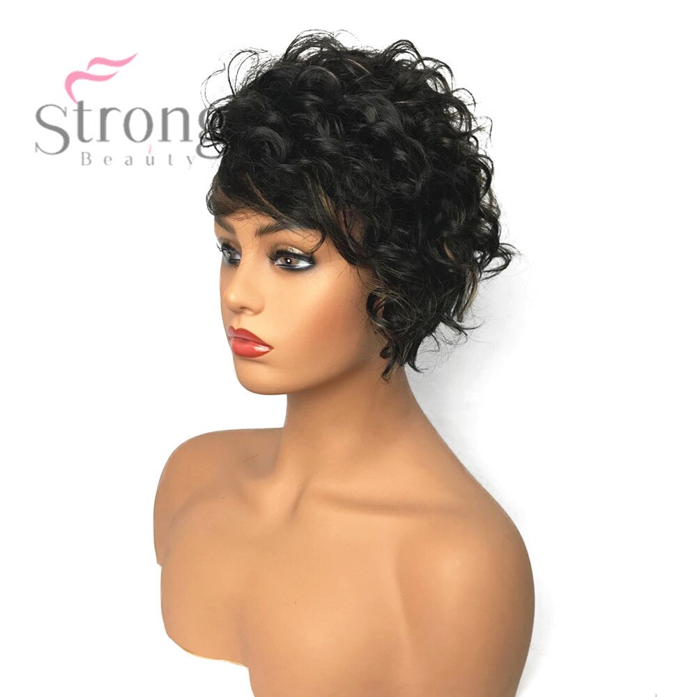 StrongBeauty Women Synthetic Capless Wig Brown Pixie Cut Hair Asymmetrical Side Bang Short Curly Wigs: Muli Color