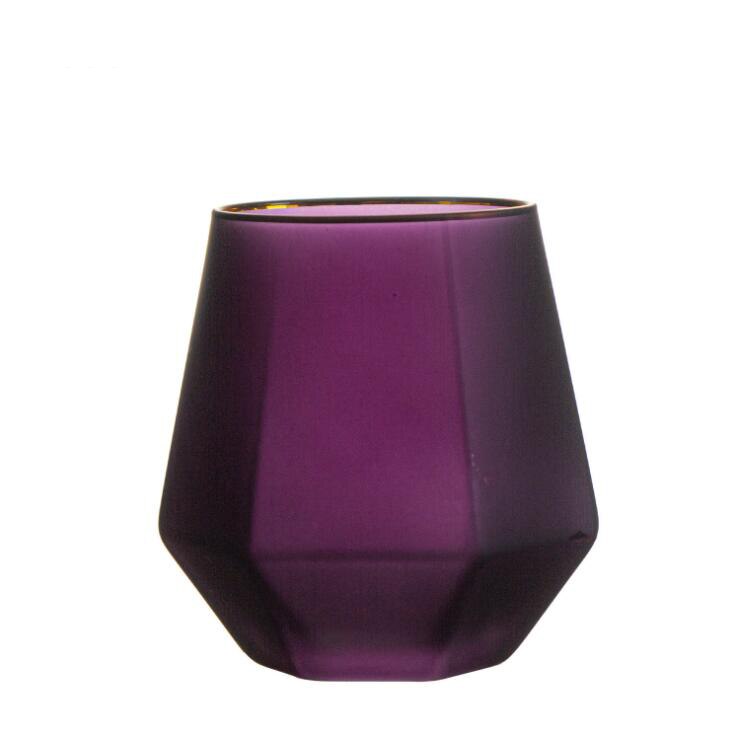 Taza de agua con forma de diamante transparente, taza de cristal con borde dorado, para beber en el hogar, polígono, mate, para leche, vino, estilo Elagant: Matte Purple