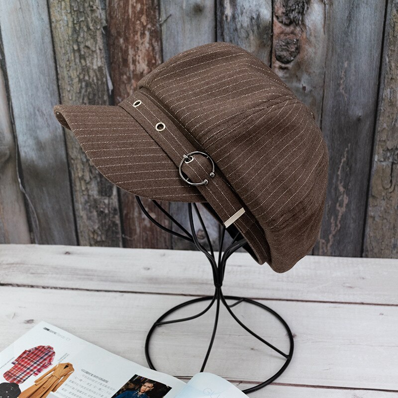 Kapelusze dla obu płci dla kobiet w paski ośmioboczna czapka gazeciarza mężczyźni elegancki damski kapelusz moda beret mężczyźni kobiety artysta malarz czapki Femme: kawa