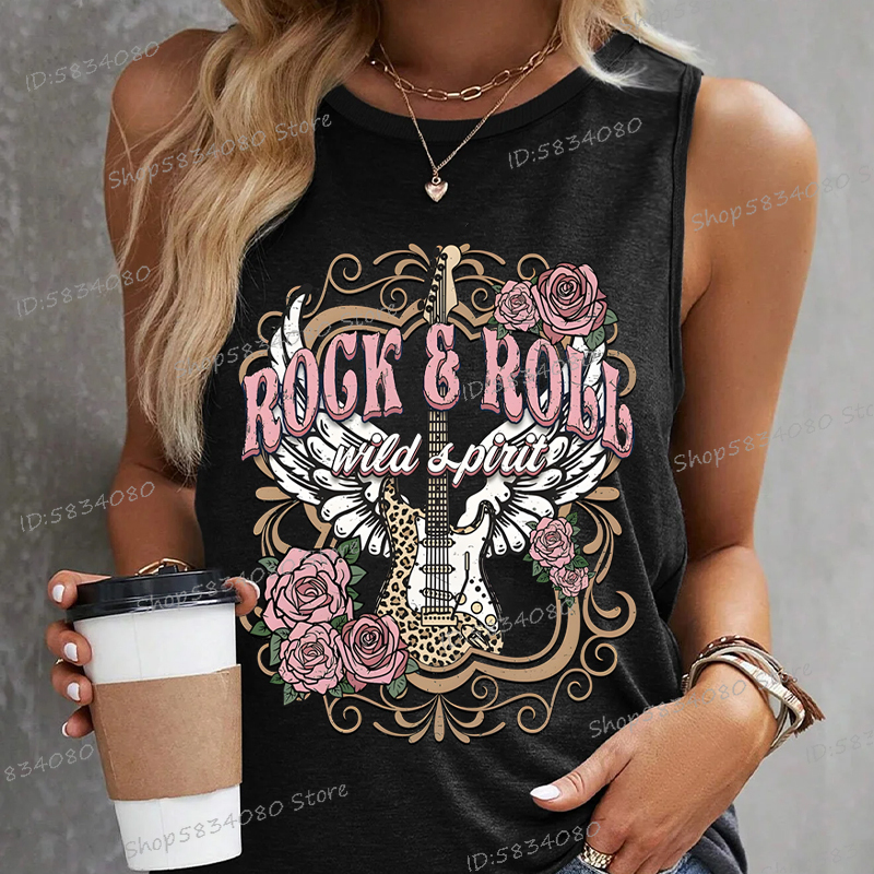 musica rock Rotolo selvaggio T-camicia Camicia per chitarra rosa stile Vintage ▾ Nuova moda estiva O-Collo Maglietta Amante della musica da donna Canotte senza maniche