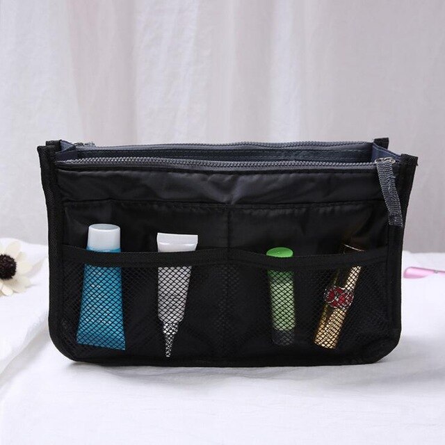 Multifunctionele Organizer Insert Bag Vrouwen Nylon Travel Organizer Insert Handtas Portemonnee Grote liner Lady Make-Up Cosmetische Bag: Black