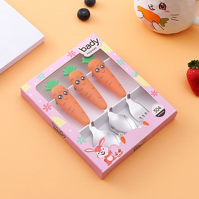 Baby Gadgets Tableware Children Utensil Stainless Steel Toddler Dinnerware Cutlery Cartoon Carrot Baby Gadgets Feedkid: 3PCs