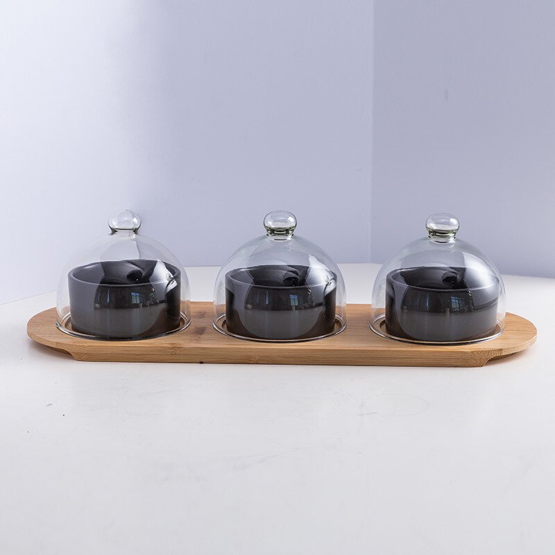 Bandeja de cerámica para almacenamiento de postres bandeja de almacenamiento de aperitivos y frutas, recipiente para helado con tapa de cristal y bandeja de bambú, juego de cubiertos de cocina: black-3pcs