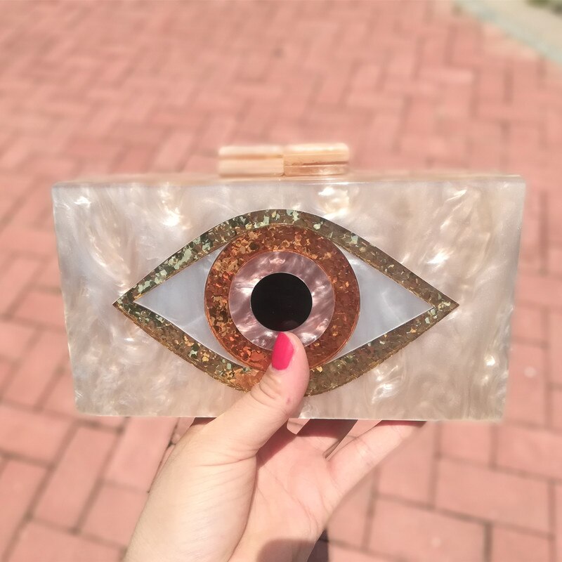 Pearl Champagne Nude Sand Color Acrylic Evil Eye Patchwork Women Brand Evening Small Mini Flap Shell PVC Box Clutches Purse Bags: Default Title