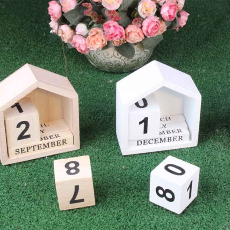 BESTVintage House Shape Perpetual Calendar Wood Desk Wooden Block Home Office Supplies Decoration Artcraft-Wood Color