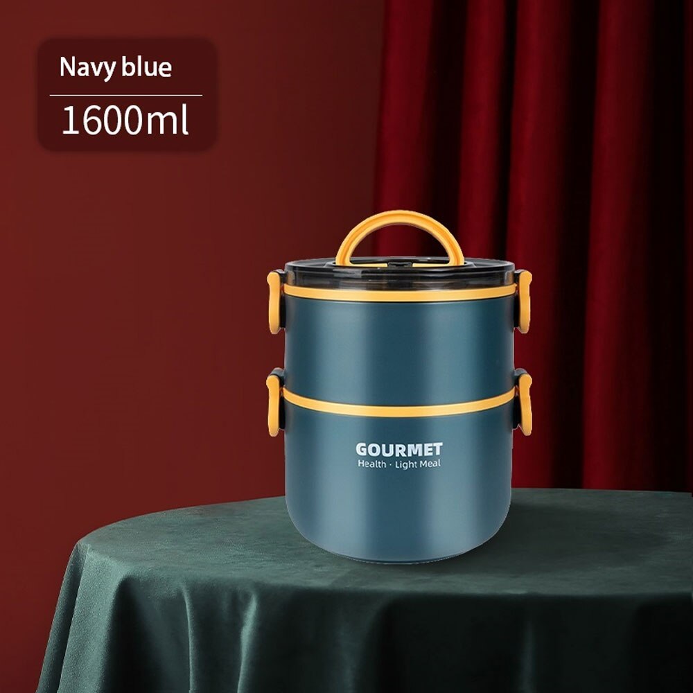 Lunch Box Bento Food Container Thermos Conservation Children's Warmer Meal Prep Stainless Steel Student Leak Proof Portable: Navy-blue2-layer