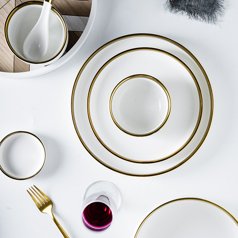 Juego de vajilla de porcelana con borde dorado, plato de cerámica para pastel, comida, ensalada, sopa, tazón, vajilla para restaurante