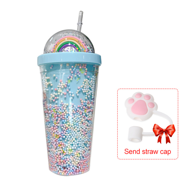 550ml Kawaii Cute Drinkware Rainbow Foam Straw Cup Girl Home Office Water Bottle Plastic Double Layer With Straw Girl: blue