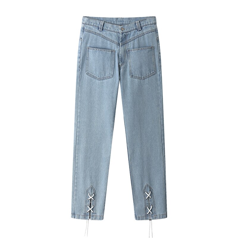 Pantalones vaqueros Harajuku con cordones en el tobillo para hombre, Vaqueros Bordado de letras desgastados Retro rectos y holgados de gran tamaño, informales de Hip Hop