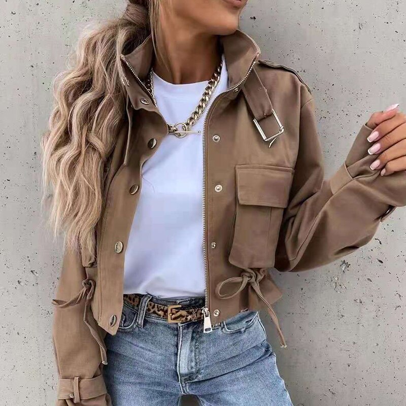 Chaqueta de otoño con cordón para mujer, chaqueta fina corta informal con hebilla y cremallera, abrigo de una botonadura,