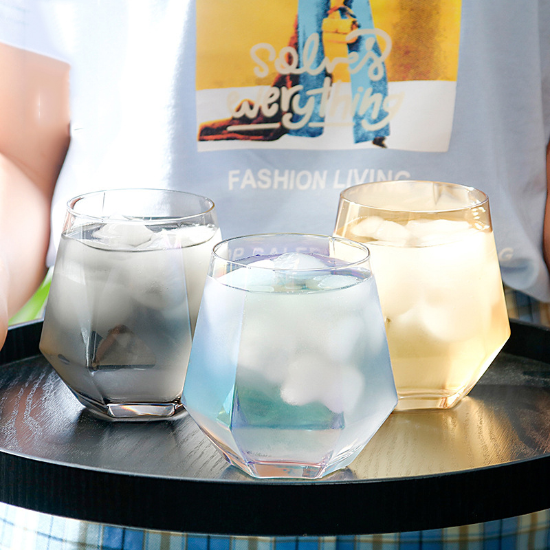 Taza de cristal hexagonal con diseño geométrico transparente para whisky, taza de diamante para café, leche, té, taza antideslizante para bar, taza de vidrio para parejas