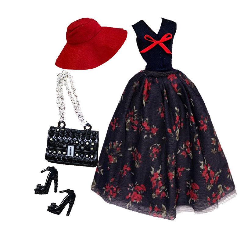 1 conjunto boneca roupas 1:6 escala vestido roupa para 11.5 polegada 30cm boneca vestido floral preto com chapéu vermelho e sapatos para meninas brinquedo presente: vinho
