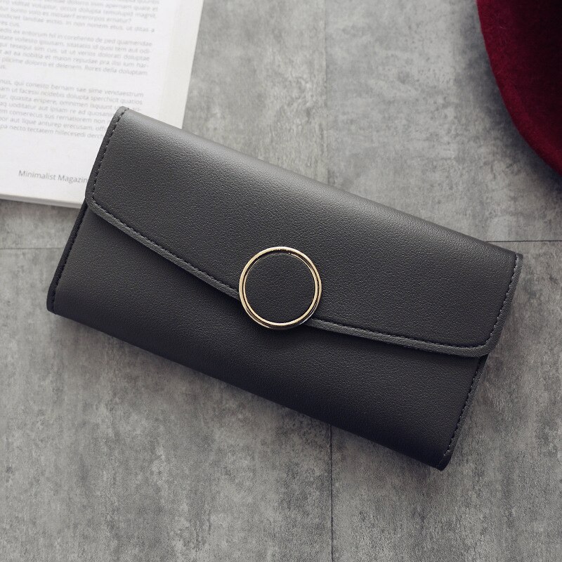 Damen-geldbörse, lange handtasche aus pu-leder, reißverschluss, metallkreis-dekor, geldbörse mit schnappverschluss, münzfach, Kupplung: Dunkelgrau