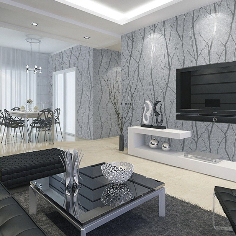 Épais gris velours 3D papier peint pour chambre murs salon fond floqué Branches d'arbre en relief papier peint décor à la maison