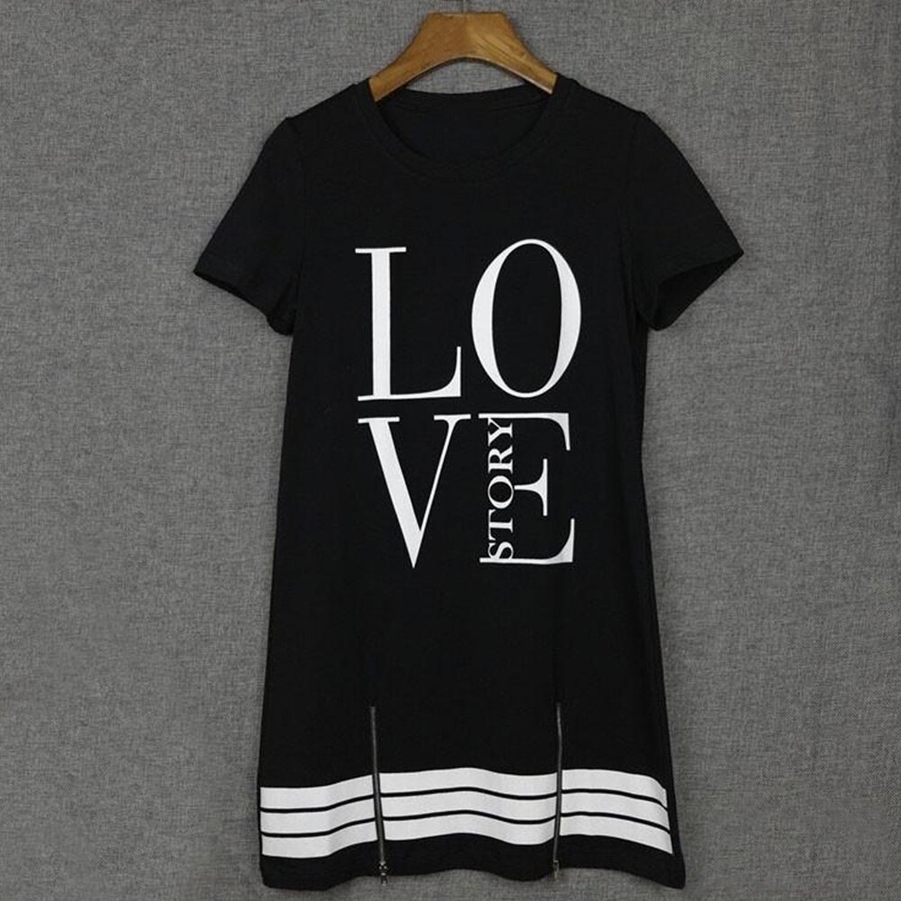 Vrouwen Lange T-shirt Een Stuk Casual Dress Sport Rits Brief Liefde Gedrukt: Black / XL