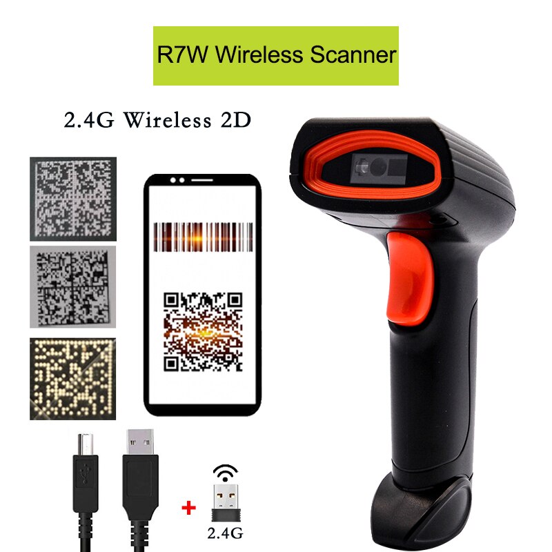 Draadloze Qr Barcode Reader Draagbare Bar Code Scanner Wired 2d Scanner Voor Bar Codes Bluetooth 2D Barcod Reader Leitor De código: R7W Wireless