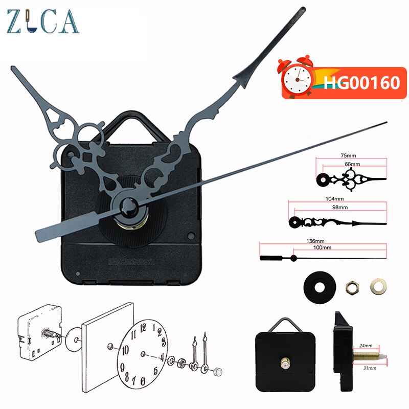 1 Set Quartz Diy Wandklok Beweging Accessoires Clockwork Reparatie Onderdelen Kits Mechanisme Zwarte Lange Spindel Vervanging Klok Set