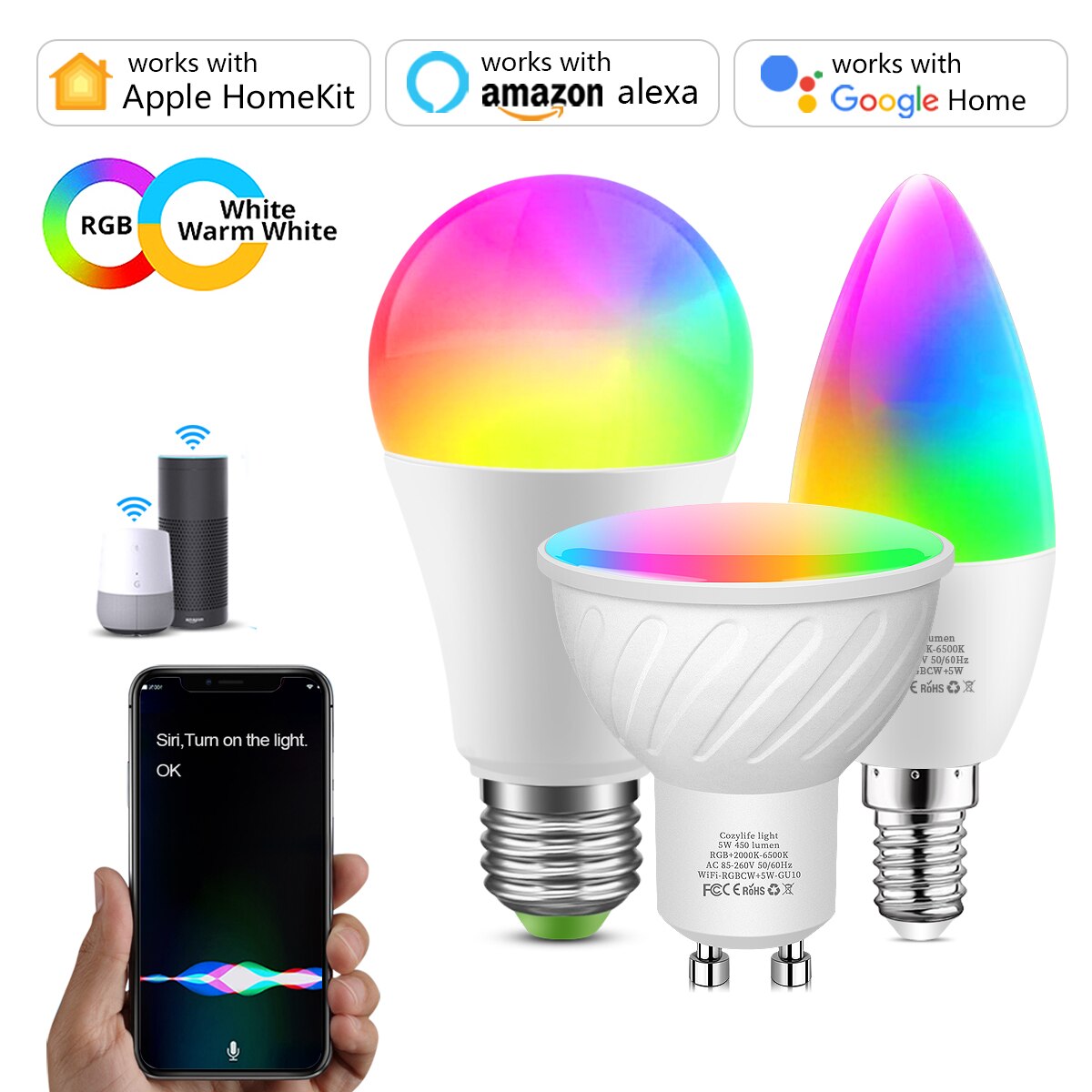 Draadloze Led Wifi Smart Lamp Dimbare E14 GU10 App Controle E27 Rgb Lamp Werken Met Apple Homekit Siri Alexa google Thuis