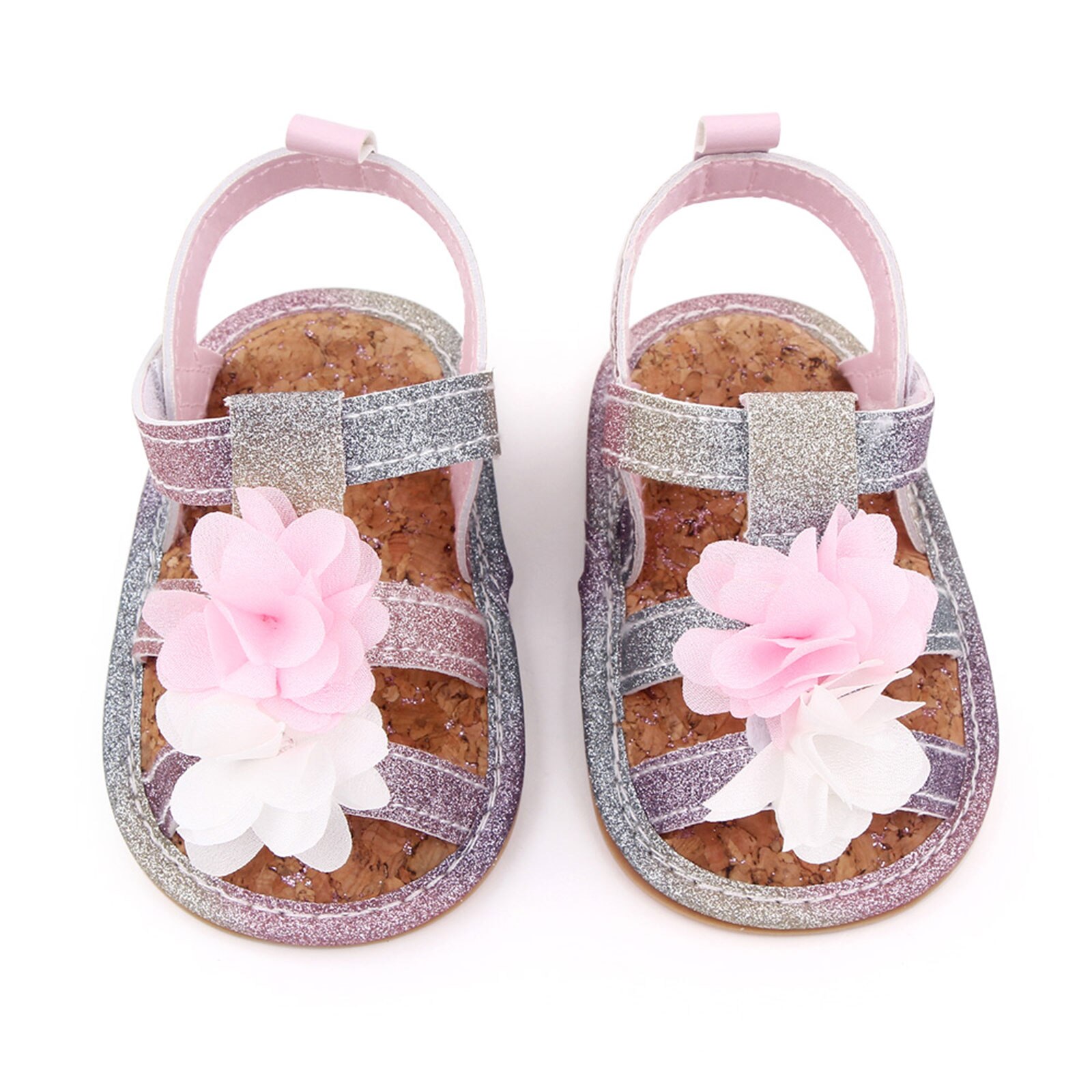 Baby Anti-Slip Platte Schoenen, Bloem En Pailletten Patroon Zachte Zool Sandalen Voor Baby Meisjes, wit/Grijs/Roze: MULTI / 9-12 Months