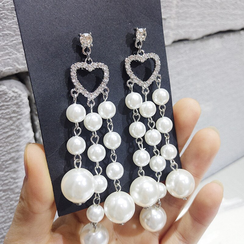 Full of pearls Heart Pendants Earrings Women Rhinestone Long Jewellery Charm Korean Earrings Girl