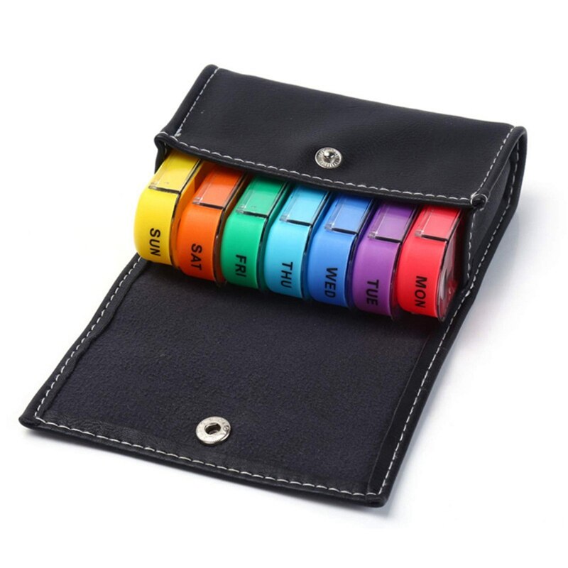 Caja de pastillas para organización estuche semanal bonito recordatorio de viaje diario AM PMDay noche 7 compartimentos con pastillero negro de cuero PU Cas