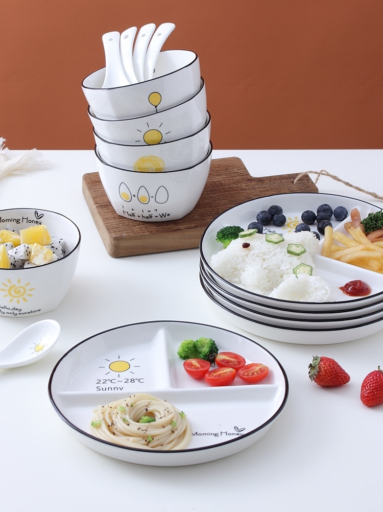 Vajilla para desayuno para una persona, plato de cerámica para pérdida de peso para niños, tres compartimentos