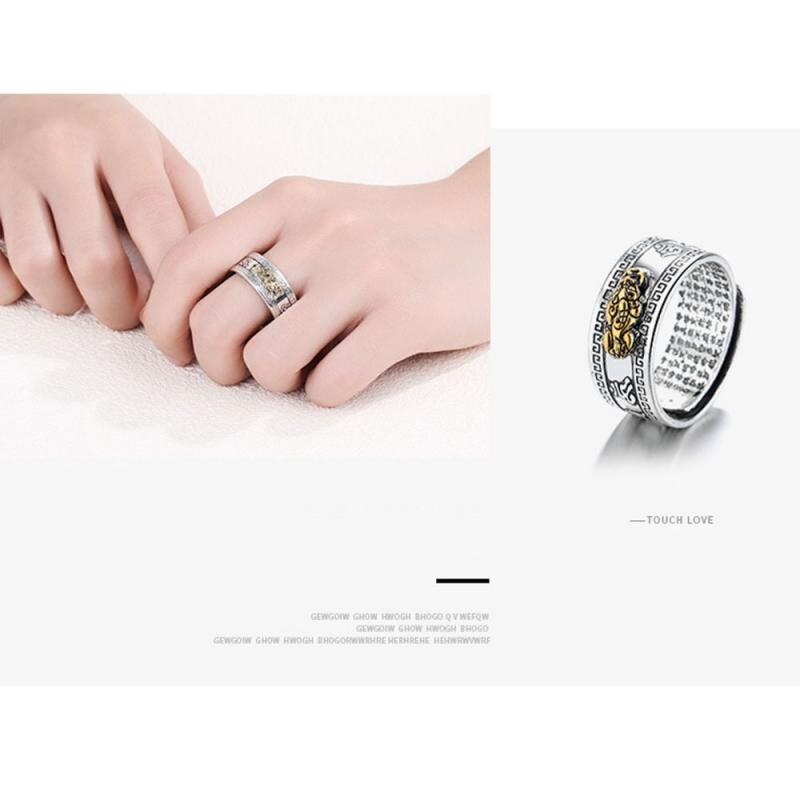 Feng Shui Pixiu Mani Mantra Wealth Ring Lucky Retro Silver Male