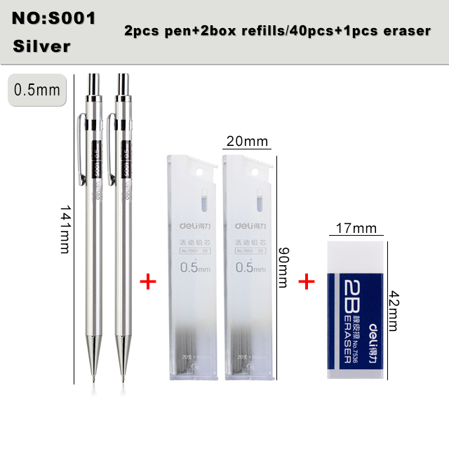 Deli Metal Mechanical Pencil 0.5 0.7mm Lead 2B Drawing Writing Activity Pencils For Artist School And Office Stationeries: S001-Silver-2pcs