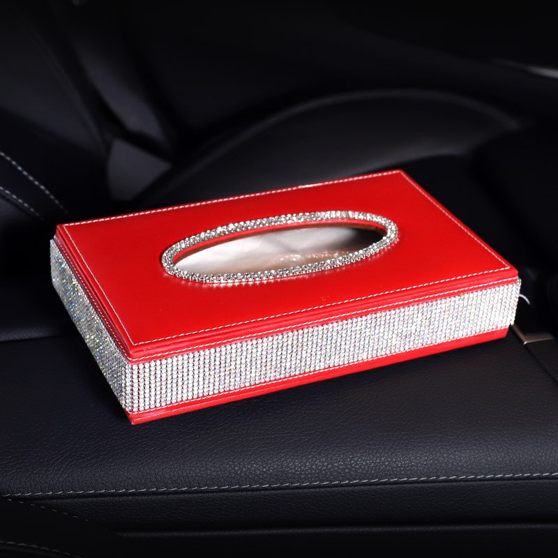 Luksus rhinestone bil tissue box cover serviet holder læder diamant bil assessoires interiør til kvinder piger damer smukke: Rød