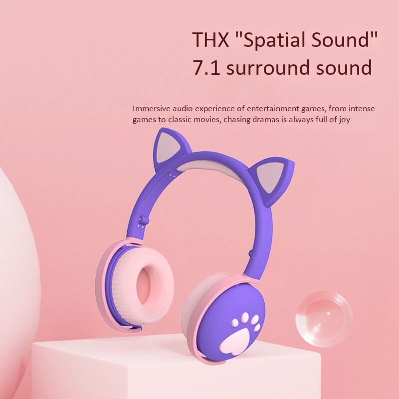 Cat Headset with Mic Kids Bluetooth 5.0 Cute LED Light Noise Stereo