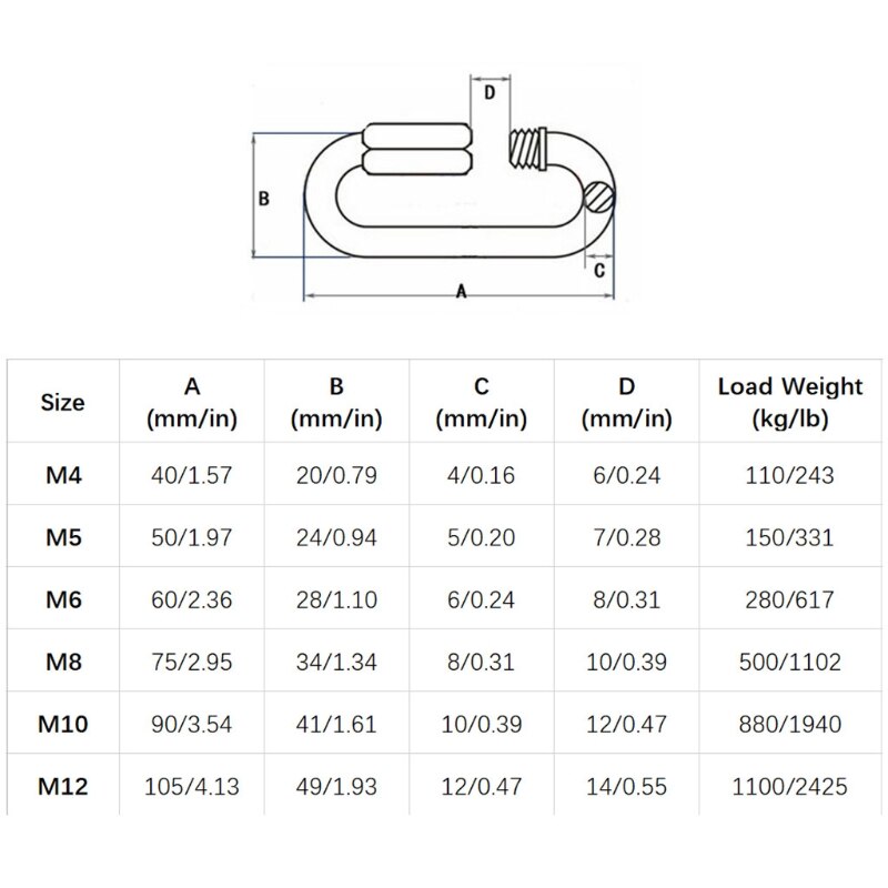 Stainless Steel Quick Link Threaded Chain Connector D Shape Locking Carabiner Heavy Duty for Camping Hammock Swing Trailer